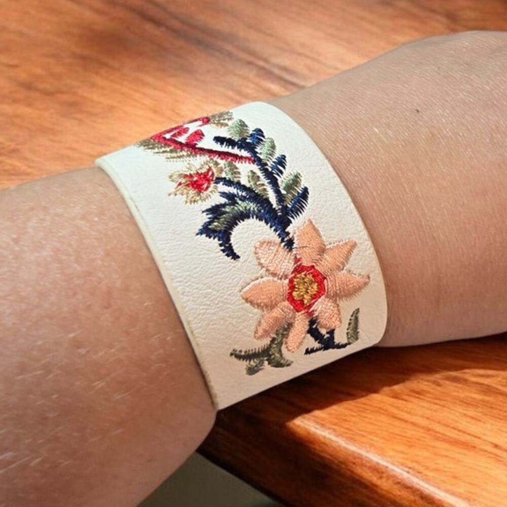 Floral Decorative Leather Wide Wrap Bracelet Adjustable Size 7"- 8"
